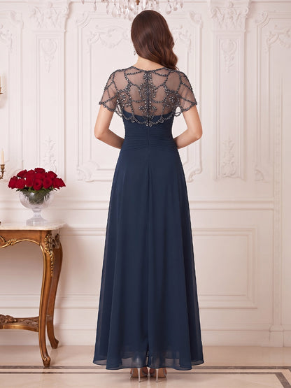 Robe de Mère de la Mariée Coupe A-Line/Princesse à Col Rond, Manches Courtes et Longueur au Sol avec Strass & Ruchés
