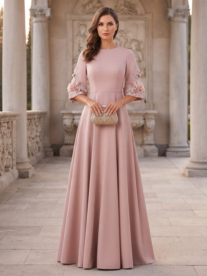 Robe de Mère de la Mariée Coupe A-Line/Princesse à Col Rond, Demi-manches et Longueur au Sol avec Fleurs 3D