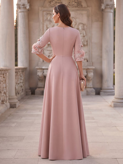 Robe de Mère de la Mariée Coupe A-Line/Princesse à Col Rond, Demi-manches et Longueur au Sol avec Fleurs 3D