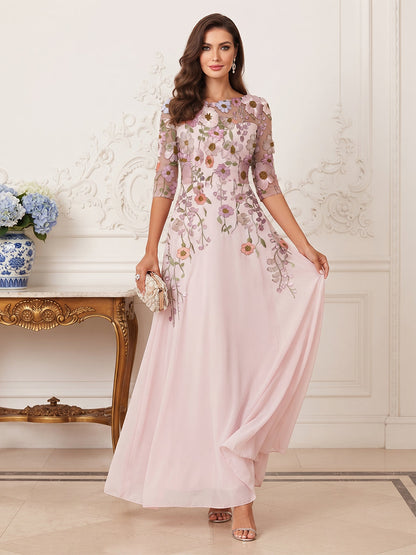 Robe de Mère de la Mariée Coupe A-Line/Princesse à Col Illusion, Manches 3/4 et Longueur au Sol avec Fleurs & Broderies