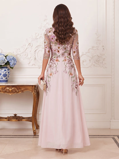 Robe de Mère de la Mariée Coupe A-Line/Princesse à Col Illusion, Manches 3/4 et Longueur au Sol avec Fleurs & Broderies