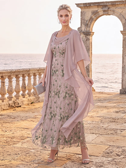Robe de Mère de la Mariée Coupe A-Line/Princesse à Col Rond, Manches 3/4 et Longueur Cheville avec Volants & Broderies