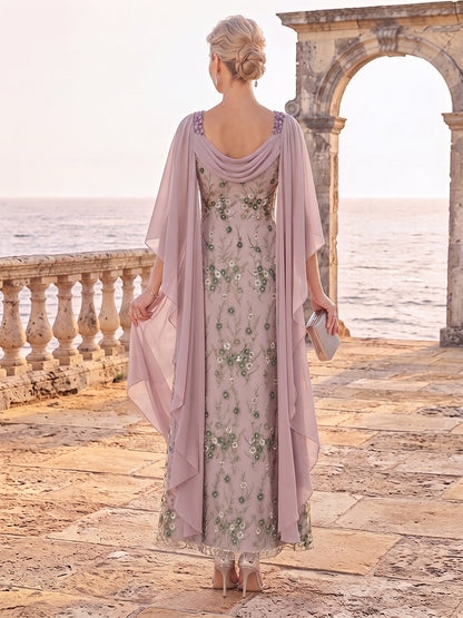 Robe de Mère de la Mariée Coupe A-Line/Princesse à Col Rond, Manches 3/4 et Longueur Cheville avec Volants & Broderies