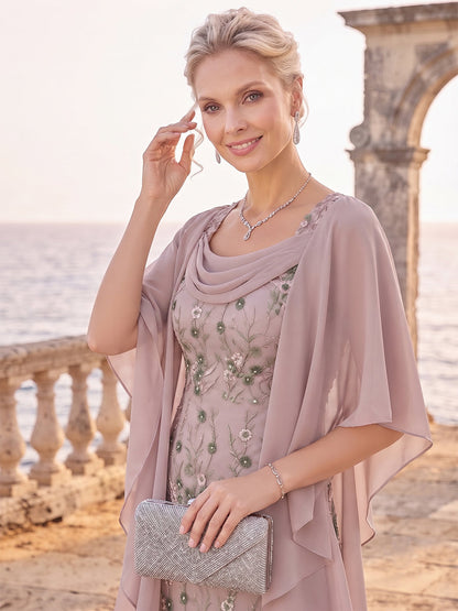 Robe de Mère de la Mariée Coupe A-Line/Princesse à Col Rond, Manches 3/4 et Longueur Cheville avec Volants & Broderies