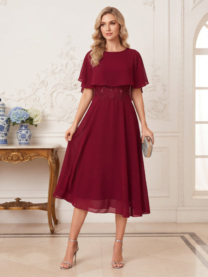 Robe de Mère de la Mariée Coupe A-Line/Princesse à Col Rond, Demi-manches, Longueur Thé avec Appliques & Volants