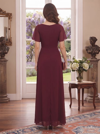 Robe de Mère de la Mariée Coupe Fourreau/Gaine à Col en V, Manches Courtes, Longueur Cheville avec Fente Latérale & Volants