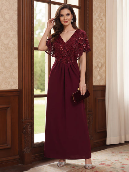 Robe de Mère de la Mariée Coupe A-Line/Princesse à Col en V, Manches Courtes, Longueur au Sol avec Paillettes