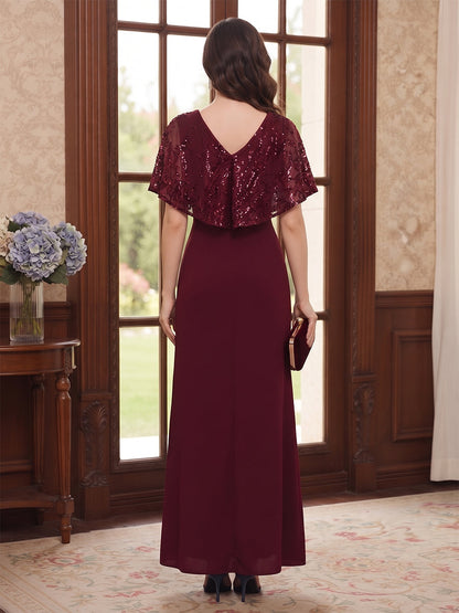 Robe de Mère de la Mariée Coupe A-Line/Princesse à Col en V, Manches Courtes, Longueur au Sol avec Paillettes