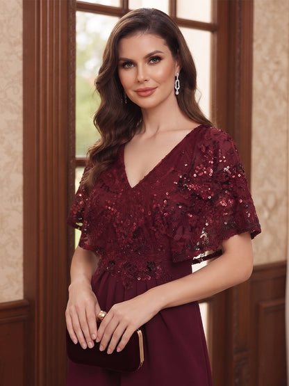 Robe de Mère de la Mariée Coupe A-Line/Princesse à Col en V, Manches Courtes, Longueur au Sol avec Paillettes