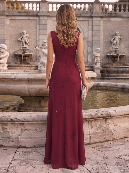 Robe de Mère de la Mariée Coupe A-Line/Princesse à Col Rond, Sans Manches, Longueur au Sol avec Appliques & Fente Latérale