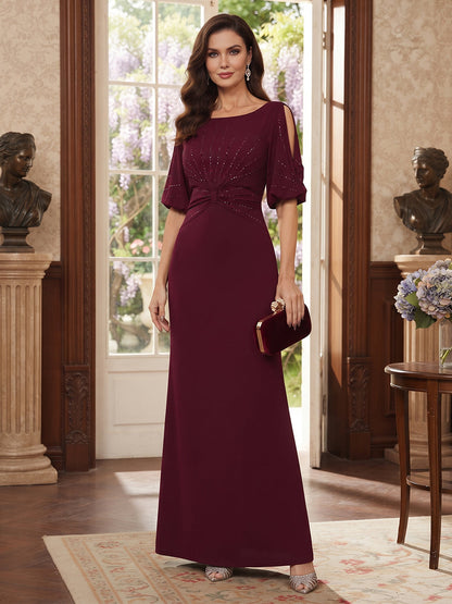 Robe de Mère de la Mariée Coupe Fourreau/Gaine à Col Rond, Demi-manches, Longueur au Sol avec Ruchés & Strass