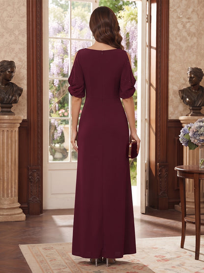Robe de Mère de la Mariée Coupe Fourreau/Gaine à Col Rond, Demi-manches, Longueur au Sol avec Ruchés & Strass
