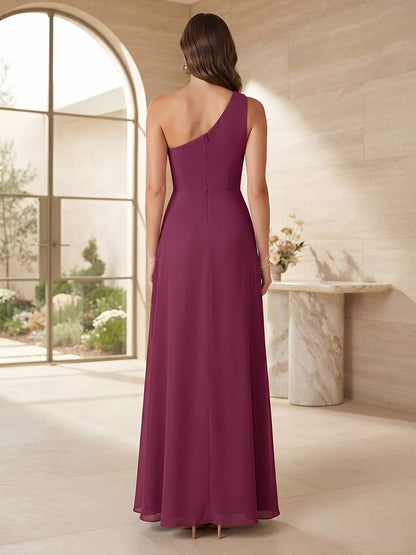 Robe de Demoiselle d'Honneur Ligne A/Princesse Une Épaule, Sans Manches, Froncée, Longueur Sol & Fendue sur le Côté