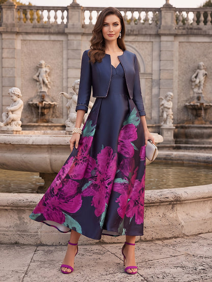 Robe de Mère de la Mariée Coupe A-Line/Princesse à Mancherons, Col en V, Longueur Thé avec Perles & Veste