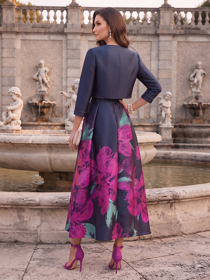 Robe de Mère de la Mariée Coupe A-Line/Princesse à Mancherons, Col en V, Longueur Thé avec Perles & Veste