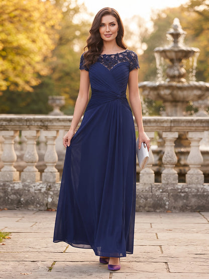 Robe de Mère de la Mariée Coupe A-Line/Princesse à Col Rond, Manches Courtes, Longueur au Sol avec Ruchés & Appliques