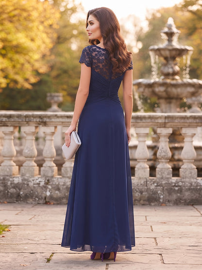 Robe de Mère de la Mariée Coupe A-Line/Princesse à Col Rond, Manches Courtes, Longueur au Sol avec Ruchés & Appliques