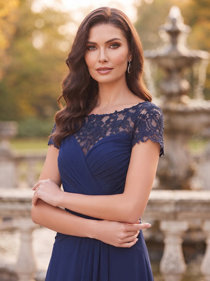 Robe de Mère de la Mariée Coupe A-Line/Princesse à Col Rond, Manches Courtes, Longueur au Sol avec Ruchés & Appliques