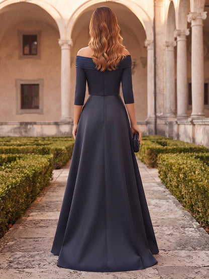 Robe de Mère de la Mariée Coupe A-Line/Princesse, Manches 3/4, Épaules Dénudées, Longueur au Sol avec Ruchés