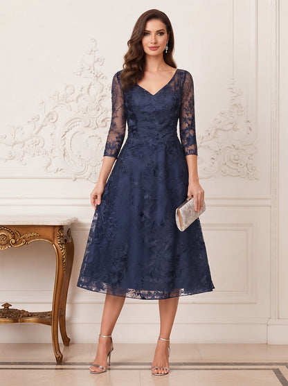 Robe de Mère de la Mariée Coupe A-Line/Princesse, Manches 3/4, Col en V, Longueur Thé avec Dentelle & Appliques