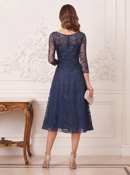 Robe de Mère de la Mariée Coupe A-Line/Princesse, Manches 3/4, Col en V, Longueur Thé avec Dentelle & Appliques