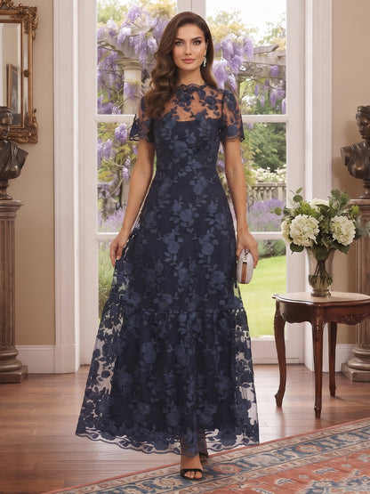 Robe de Mère de la Mariée Coupe A-Line/Princesse à Col Montant, Manches Courtes, Longueur Cheville avec Broderies