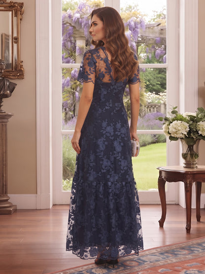 Robe de Mère de la Mariée Coupe A-Line/Princesse à Col Montant, Manches Courtes, Longueur Cheville avec Broderies