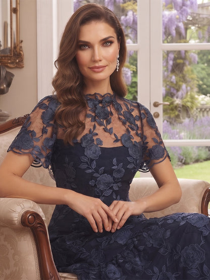 Robe de Mère de la Mariée Coupe A-Line/Princesse à Col Montant, Manches Courtes, Longueur Cheville avec Broderies