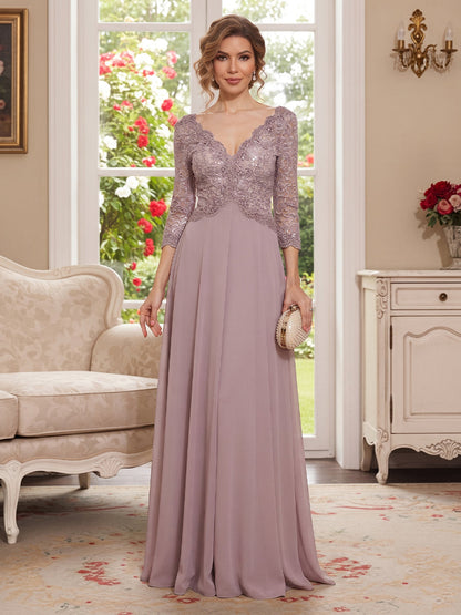 Robe de Mère de la Mariée Coupe A-Line/Princesse à Col en V, Manches 3/4, Longueur au Sol avec Broderies