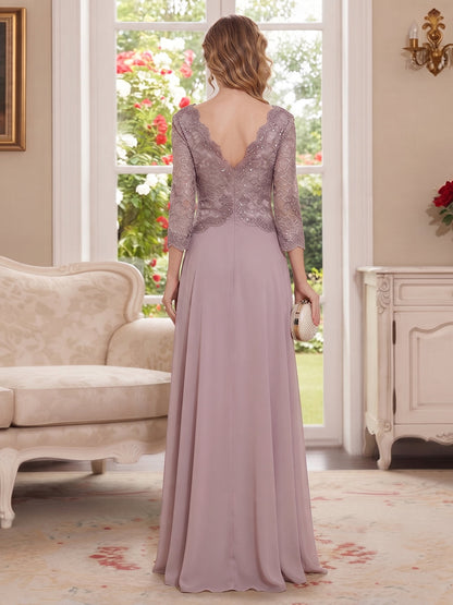 Robe de Mère de la Mariée Coupe A-Line/Princesse à Col en V, Manches 3/4, Longueur au Sol avec Broderies