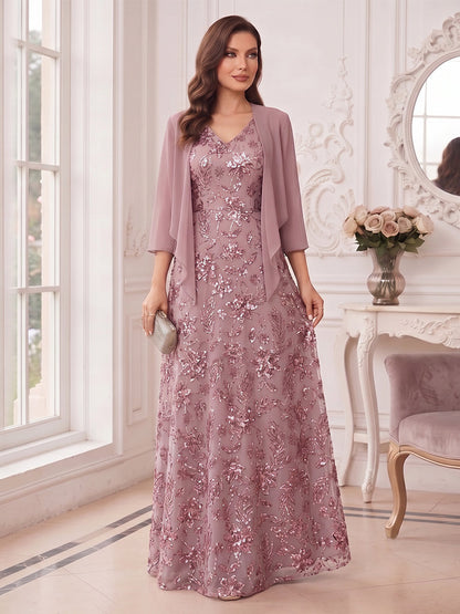 Robe de Mère de la Mariée Coupe A-Line/Princesse à Col en V, Sans Manches, Longueur au Sol avec Dentelle & Paillettes