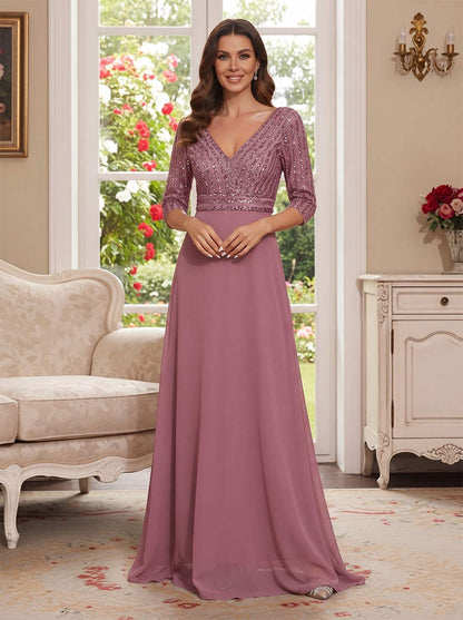 Robe de Mère de la Mariée Coupe A-Line/Princesse à Col en V, Manches 3/4, Longueur au Sol avec Paillettes
