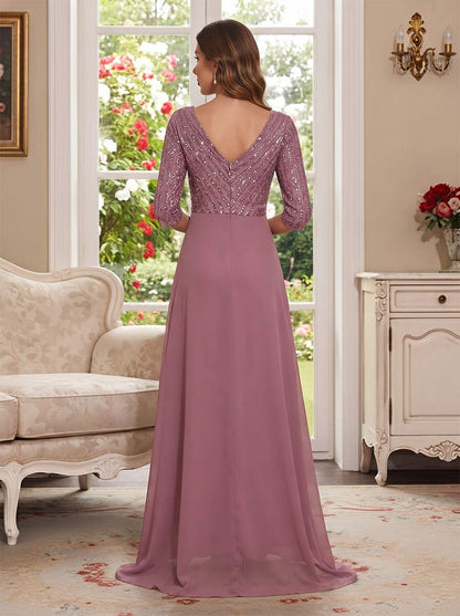 Robe de Mère de la Mariée Coupe A-Line/Princesse à Col en V, Manches 3/4, Longueur au Sol avec Paillettes