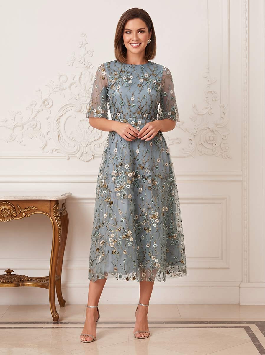Robe de Mère de la Mariée Coupe A-Line/Princesse à Col Rond, Demi-manches, Longueur Thé avec Broderies & Fleurs