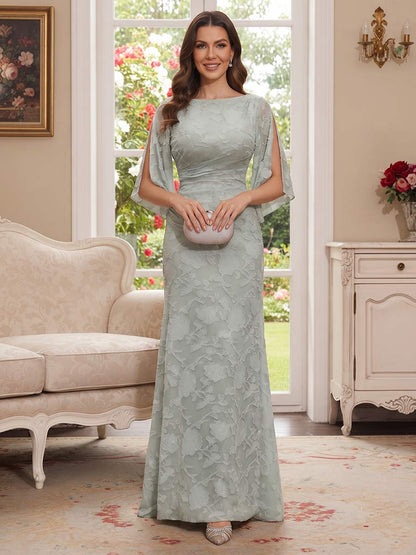 Robe de Mère de la Mariée Coupe Fourreau/Gaine à Col Rond, Manches 3/4, Longueur au Sol avec Appliques & Ruchés