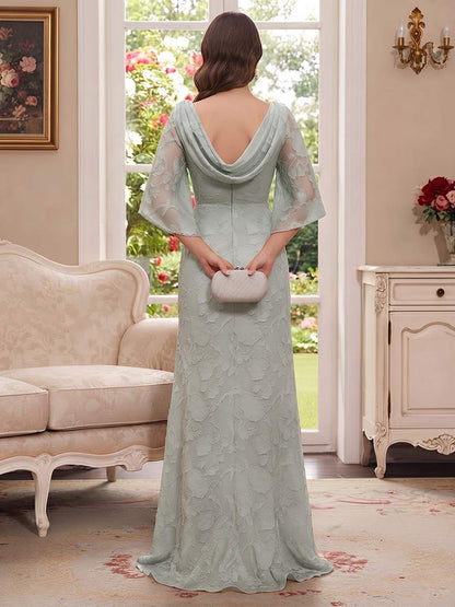 Robe de Mère de la Mariée Coupe Fourreau/Gaine à Col Rond, Manches 3/4, Longueur au Sol avec Appliques & Ruchés