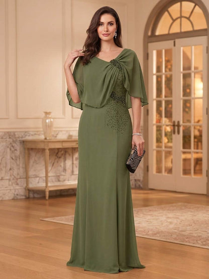 Robe de Mère de la Mariée Coupe Fourreau/Gaine à Col Rond, Mancherons, Longueur au Sol avec Strass & Volants