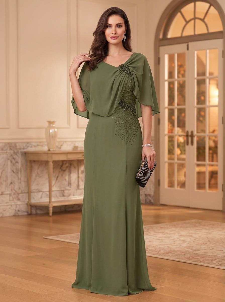Robe de Mère de la Mariée Coupe Fourreau/Gaine à Col Rond, Mancherons, Longueur au Sol avec Strass & Volants