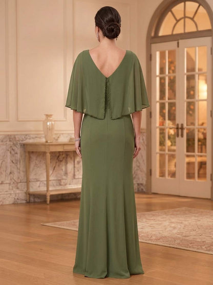 Robe de Mère de la Mariée Coupe Fourreau/Gaine à Col Rond, Mancherons, Longueur au Sol avec Strass & Volants