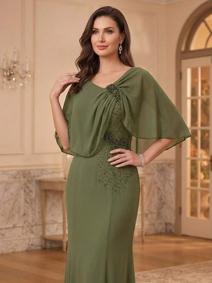 Robe de Mère de la Mariée Coupe Fourreau/Gaine à Col Rond, Mancherons, Longueur au Sol avec Strass & Volants
