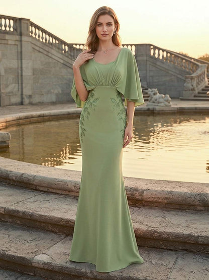 Robe de Mère de la Mariée Coupe Sirène/Trompette à Col Carré, Mancherons avec Ruchés & Appliques