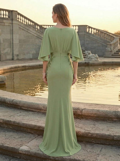 Robe de Mère de la Mariée Coupe Sirène/Trompette à Col Carré, Mancherons avec Ruchés & Appliques