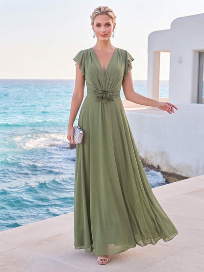 Robe de Mère de la Mariée Coupe A-Line/Princesse à Col en V, Manches Courtes, Longueur au Sol avec Fleurs 3D & Volants