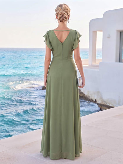 Robe de Mère de la Mariée Coupe A-Line/Princesse à Col en V, Manches Courtes, Longueur au Sol avec Fleurs 3D & Volants