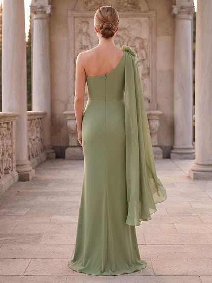 Robe de Mère de la Mariée Coupe Fourreau/Gaine Asymétrique (Une Épaule), Longueur au Sol avec Fente Latérale & Fleurs 3D
