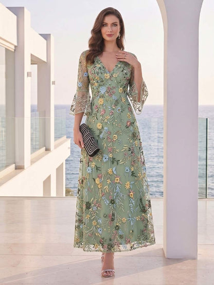Robe de Mère de la Mariée Coupe A-Line/Princesse à Col en V, Manches 3/4, Longueur Cheville avec Broderies & Fleurs