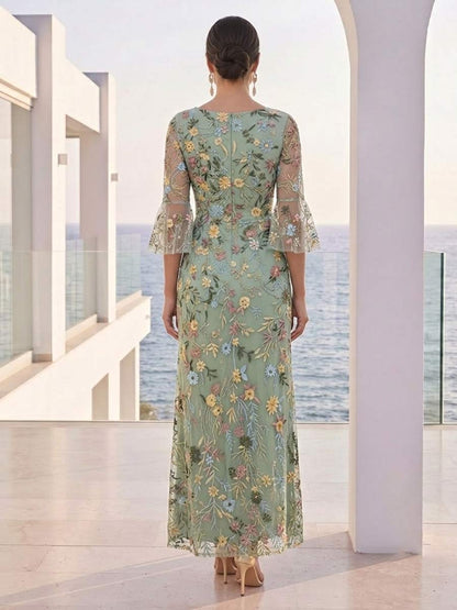 Robe de Mère de la Mariée Coupe A-Line/Princesse à Col en V, Manches 3/4, Longueur Cheville avec Broderies & Fleurs