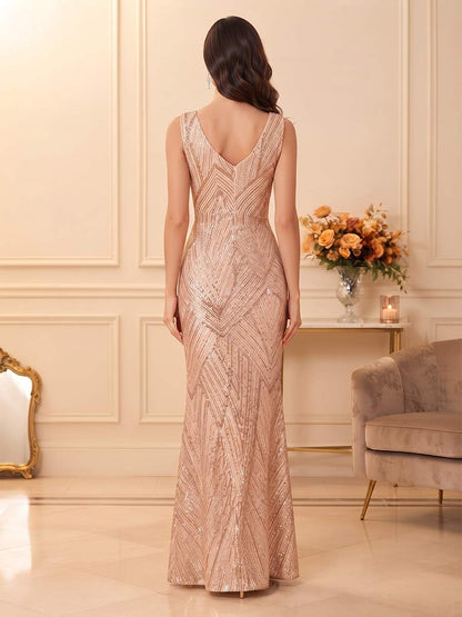 Robe de Soirée Coupe Sirène/Trompette à Col Rond, Sans Manches, Longueur au Sol avec Paillettes