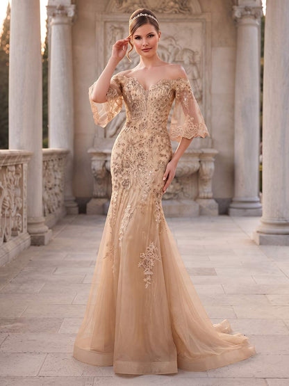 Robe de Soirée Coupe Sirène/Trompette, Épaules Dénudées, Manches 3/4, Longueur au Sol avec Broderies & Dentelle