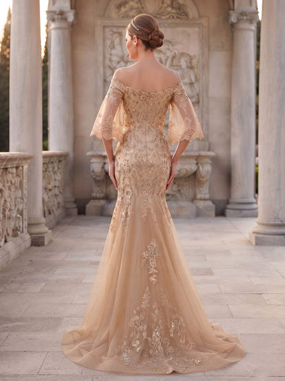 Robe de Soirée Coupe Sirène/Trompette, Épaules Dénudées, Manches 3/4, Longueur au Sol avec Broderies & Dentelle